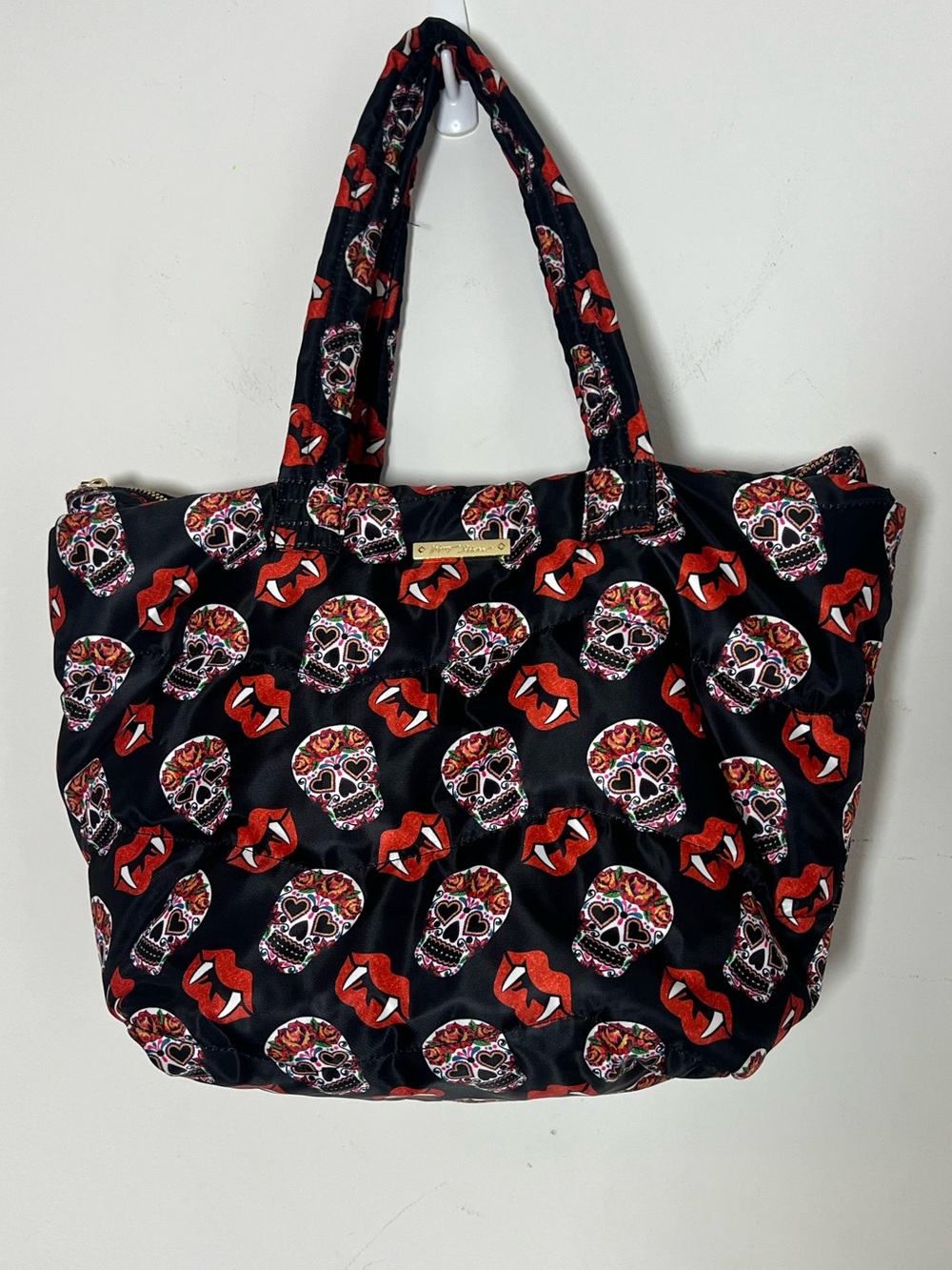 Betsey Johnson Sugar Skull Vampire Lips Halloween Quilted Tote Bag Black